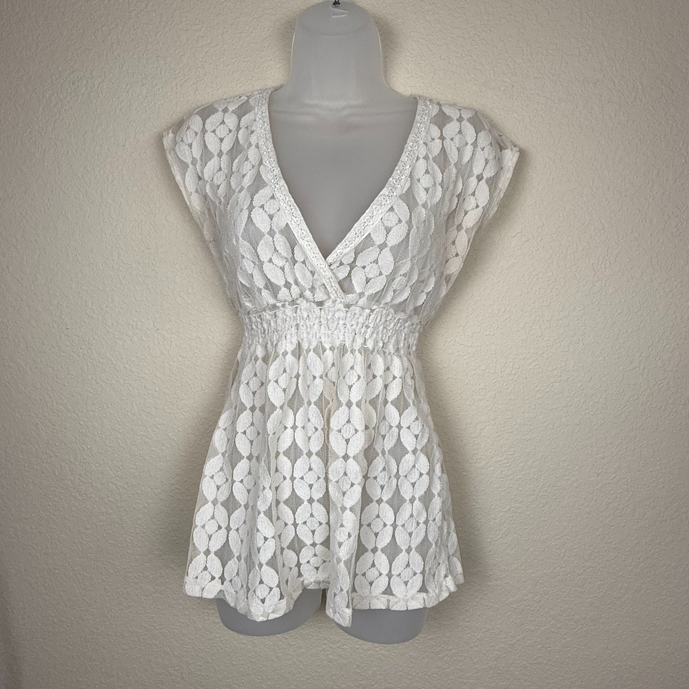 Eyeshadow Cream Sheer Lace Crochet Babydoll Shirt Sz M Festival Coquette Y2K